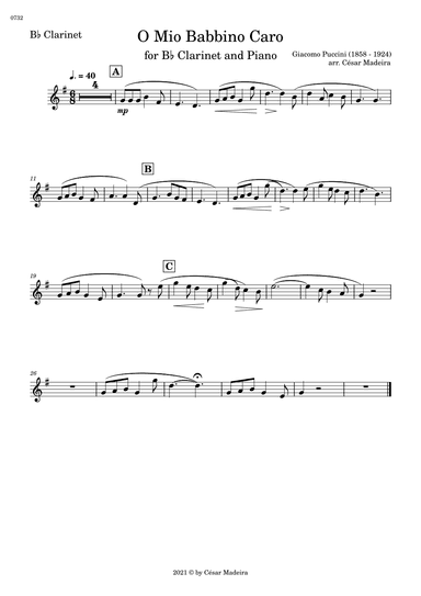O Mio Babbino Caro by Puccini - Bb Clarinet and Piano (Individual Parts) (arr. César Madeira)