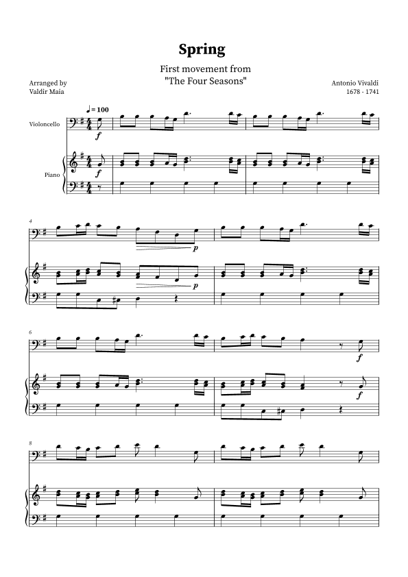 Spring - The Four Seasons for Cello and Piano (G Major) (arr. Valdir Maia)