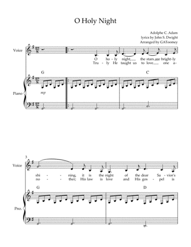 O Holy Night in G Major, Alto Voice and Easy Piano (arr. GAToomey)