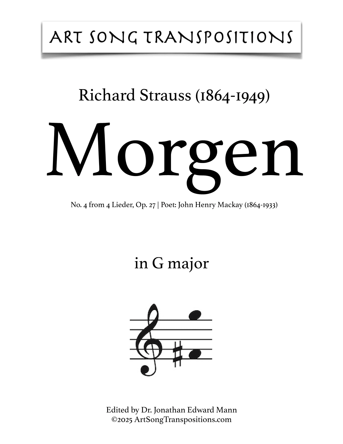 STRAUSS: Morgen, Op. 27 no. 4 (transposed to G major) (arr. ArtSongTranspositions.com)