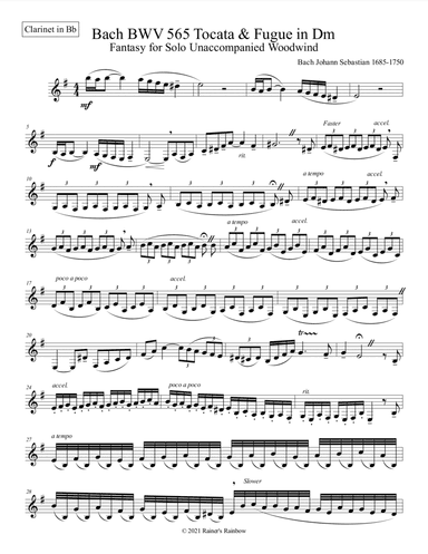 Bach BWV 565 Tocata & Fugue in Dm Fantasy for Solo Unaccompanied Clarinet (arr. R G Roth)