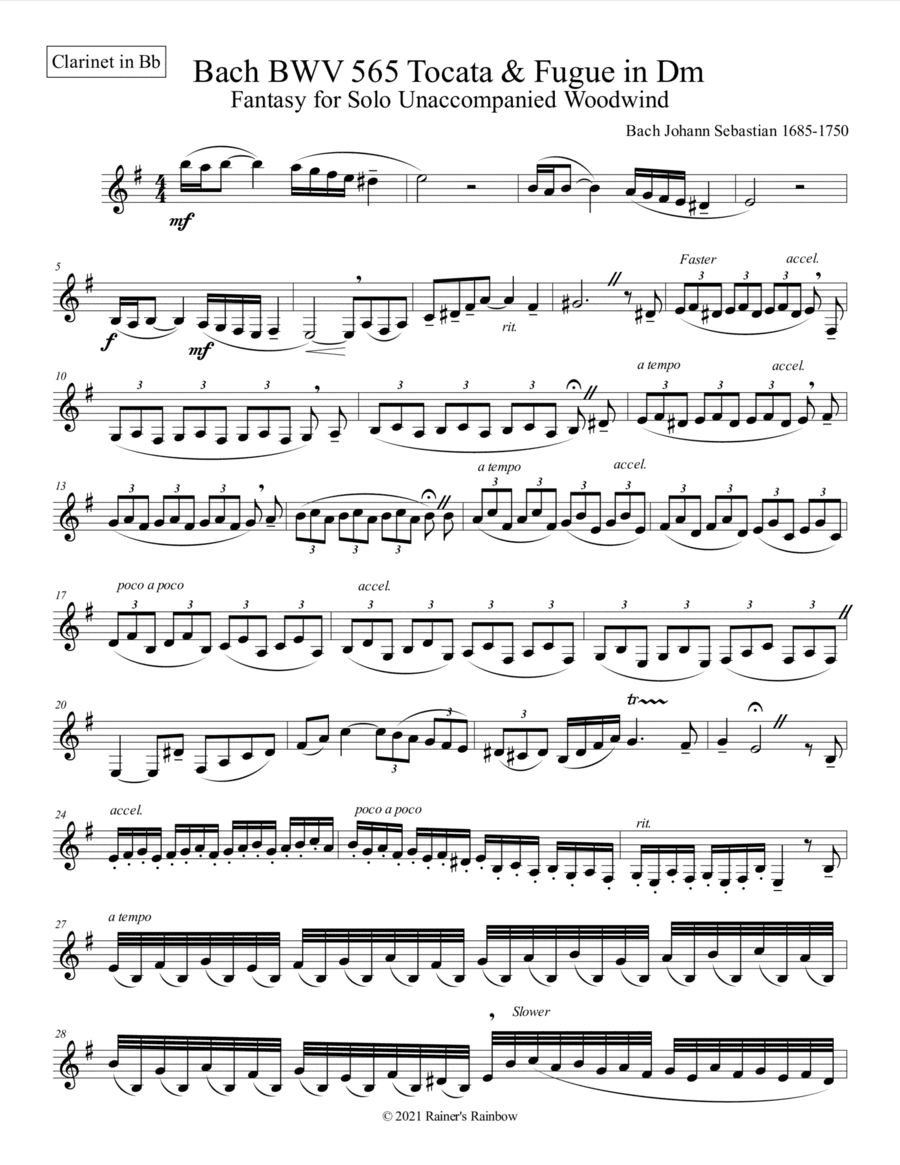 Bach BWV 565 Tocata & Fugue in Dm Fantasy for Solo Unaccompanied Clarinet (arr. R G Roth)