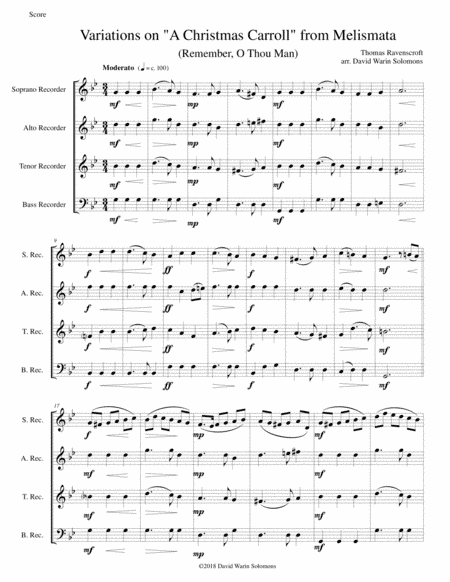 Variations on Remember, O Thou Man (from Ravenscroft's Melismata) for recorder quartet (arr. David Warin Solomons)