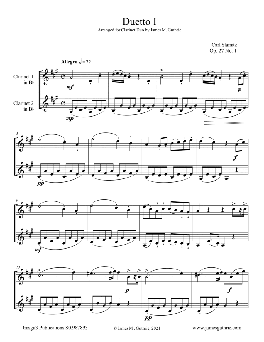 Stamitz: Six Duets Op. 27 Complete for Clarinet Duo (arr. James M. Guthrie)