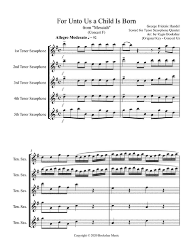 For Unto Us a Child is Born (from "Messiah") (F) (Tenor Saxophone Quintet) (arr. Regis Bookshar)