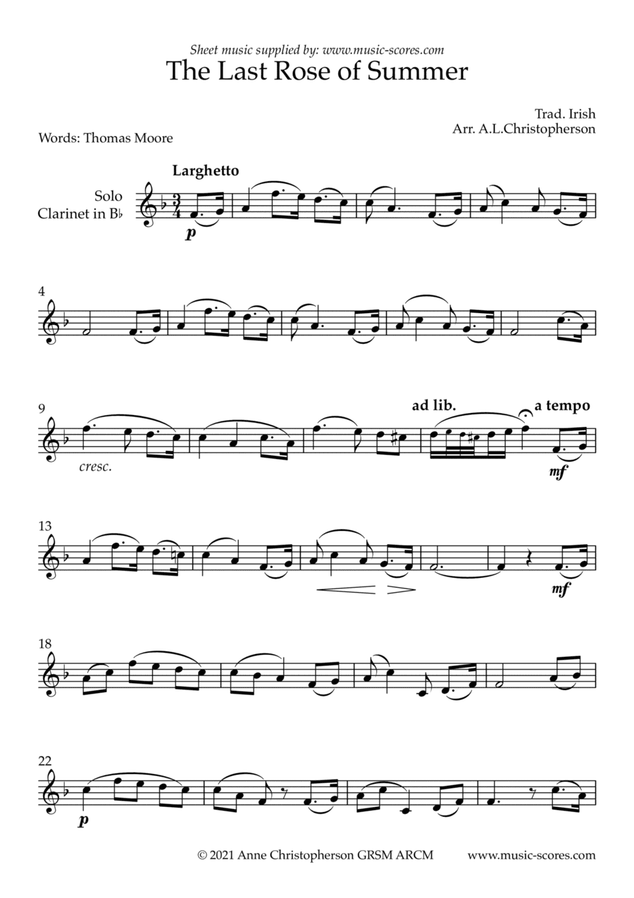 The Last Rose of Summer - Unaccompanied Clarinet (arr. Anne L Christopherson GRSM ARCM)