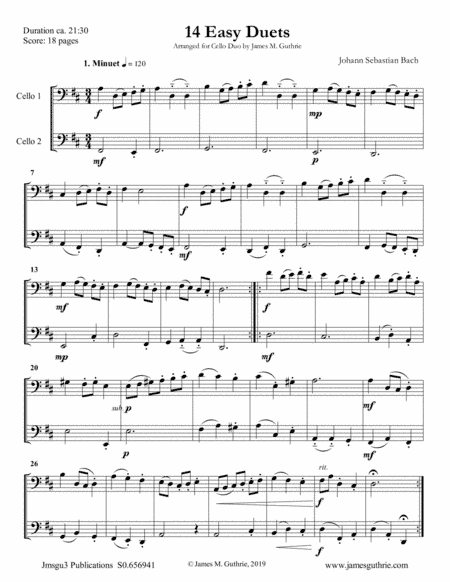Bach: 14 Easy Duets for Cello Duo (arr. James M. Guthrie, ASCAP)