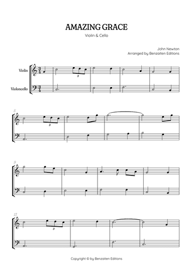 Amazing Grace • easy violin and cello sheet music (arr. Benzaiten Editions)