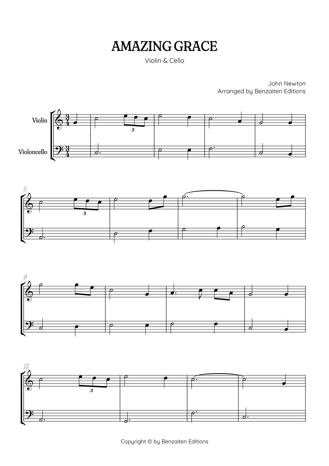 Amazing Grace • easy violin and cello sheet music (arr. Benzaiten Editions)