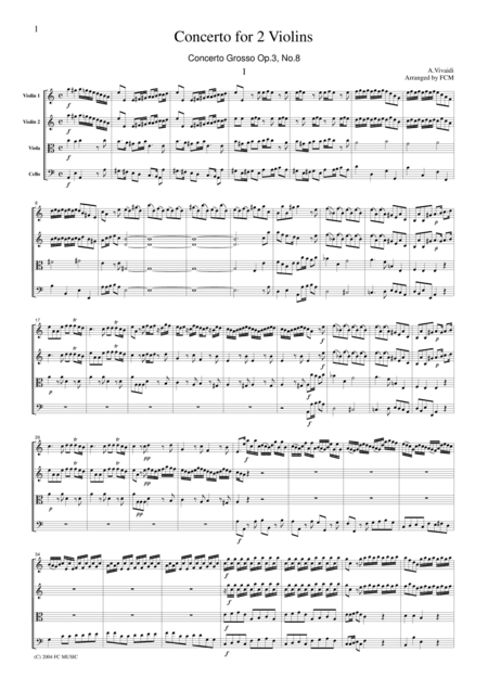 Vivaldi  Concerto for 2 Violins in a moll, Op3, No.8, all mvts., for string quartet, CV105 (arr. FCMUSIC)