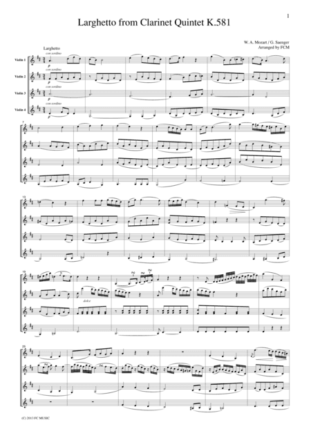 Mozart Larghetto from Clarinet Quintet K.581, for 4 Violins, VN403 (arr. FCMUSIC)