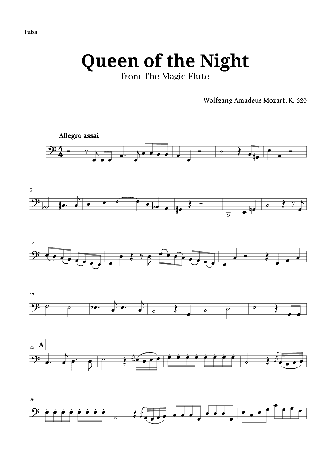 Queen of the Night by Mozart for Tuba Solo (arr. Langanho)