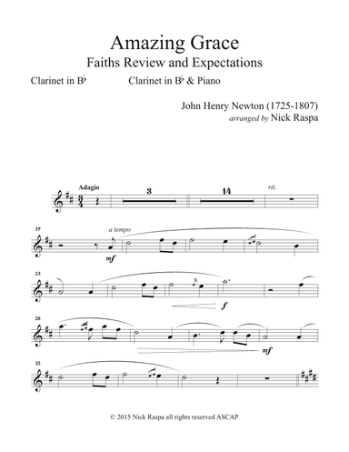 Amazing Grace (piano and clarinet in B Flat) - Clarinet part (arr. Nick Raspa)