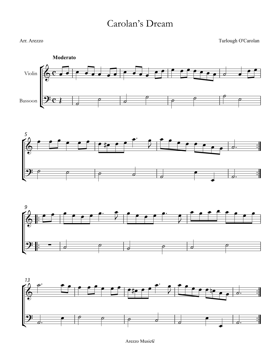 carolan's dream - violin and bassoon sheet music turlough'o carolan (arr. Arezzo Music)