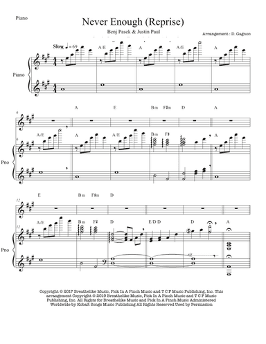 Never Enough - Score Only (arr. Arrangement for piano, violon, string. harpe (version reprise / short version))