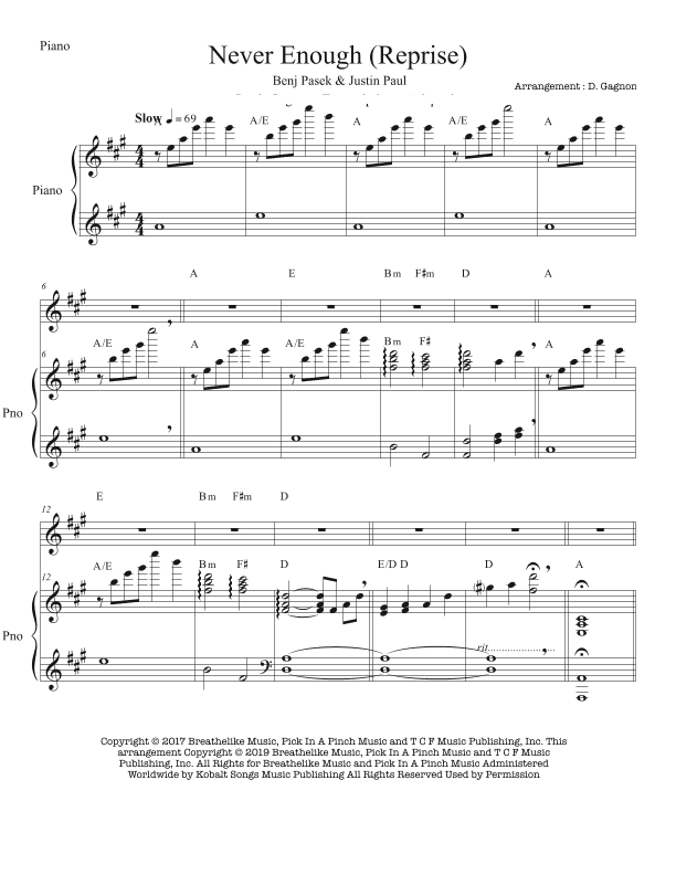 Never Enough - Score Only (arr. Arrangement for piano, violon, string. harpe (version reprise / short version))