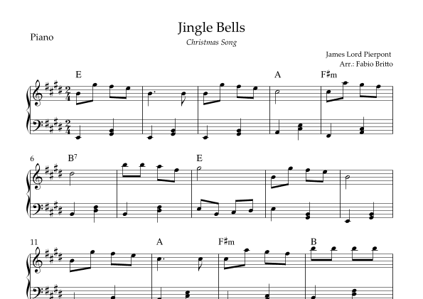 Jingle Bells (Christmas Song) for Easy Piano Solo with Chords (E Major) (arr. Fabio Britto)