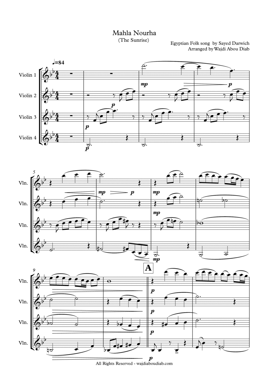 MAHLA NOURHA (arabic song) - violins quartet (arr. Wajdi Abou Diab)