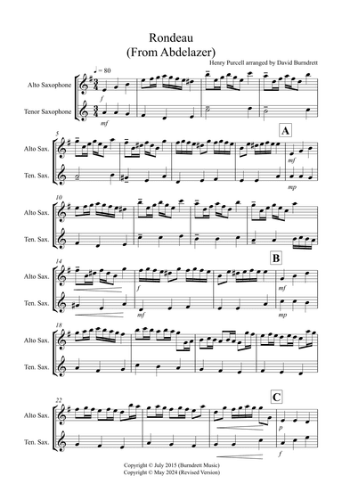 Rondeau (from Abdelazer) for Alto and Tenor Saxophone Duet (arr. David Burndrett)