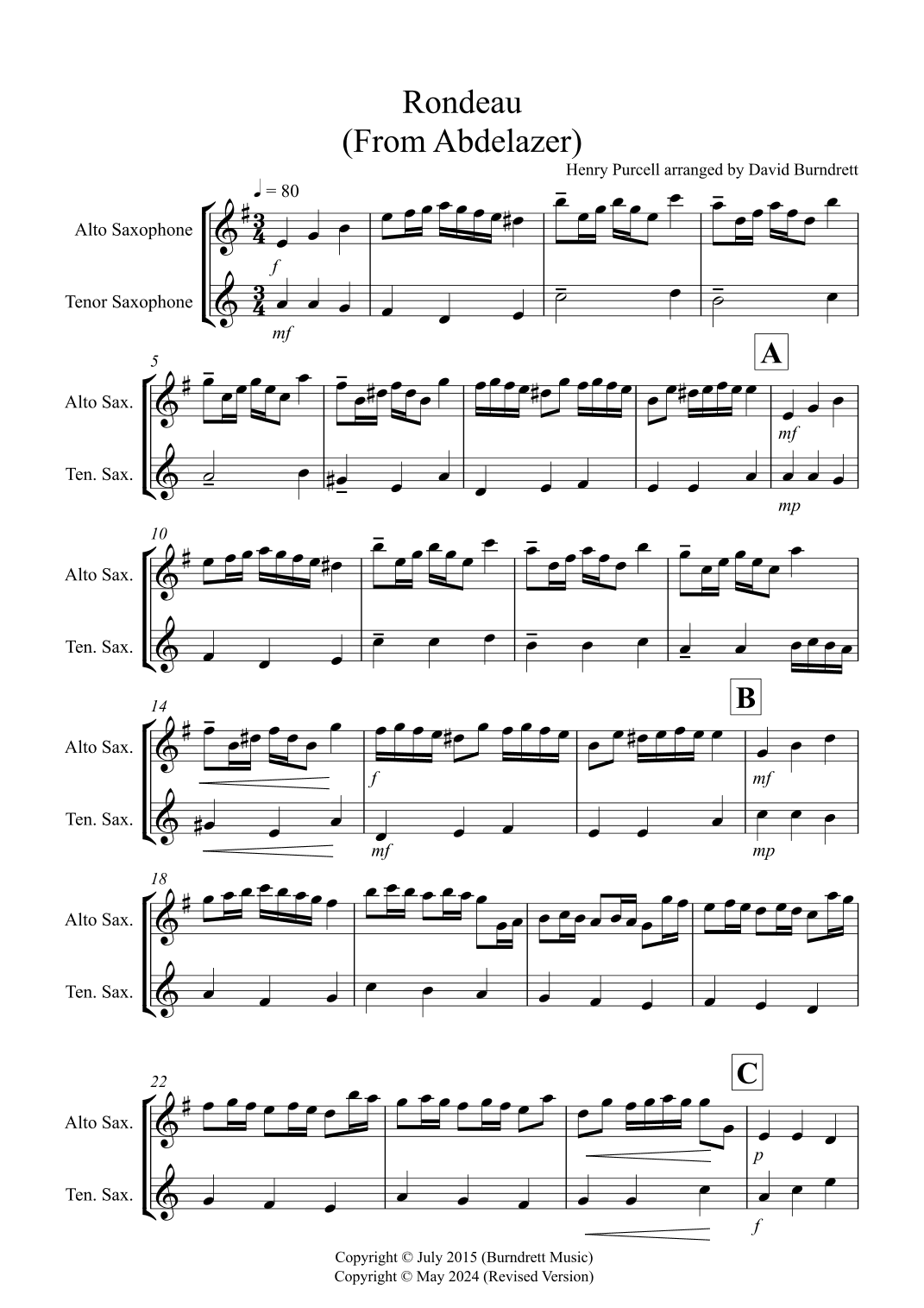Rondeau (from Abdelazer) for Alto and Tenor Saxophone Duet (arr. David Burndrett)