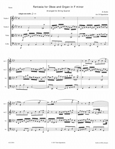 Krebs JL: Fantasia in F minor krebs-wv604 arr. for String Quartet (arr. D Oppenheim)