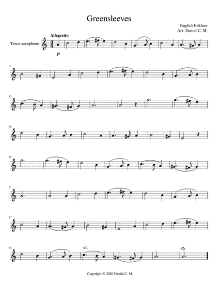 Greensleeves for tenor saxophone and piano (arr. Daniel C. M.)