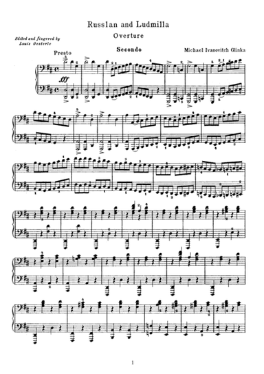 Glinka Russlan and Ludmilla Overture, for piano duet(1 piano, 4 hands), PG811 (arr. L. Oesterle)