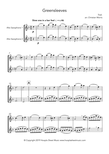 Greensleeves, fantasy for alto saxophone duet (arr. Hoopla Sheet Music)