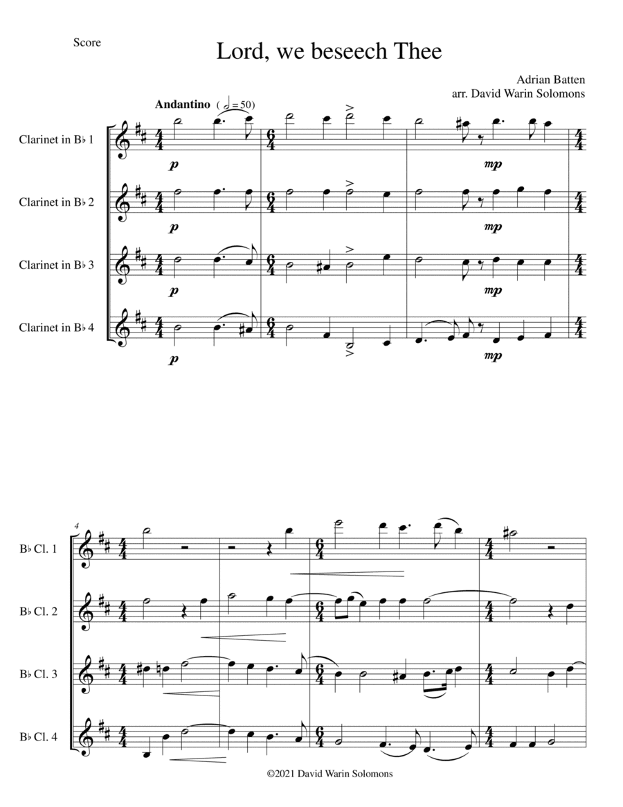 Lord, we beseech Thee for 4 clarinets (arr. David Warin Solomons)
