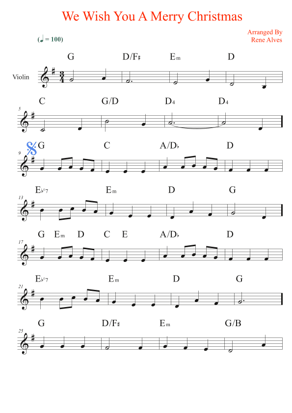 We Wish You A Merry Christmas, sheet music and violin melody for the beginning musician (easy). (arr. Rene Alves)