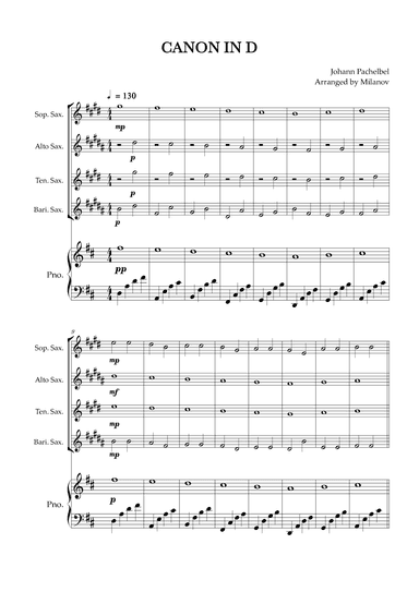 Canon in D | Pachelbel | Saxophone quartet | Piano accompaniment (arr. Milanov)