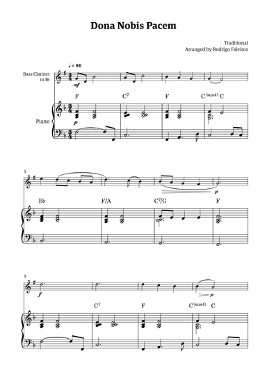 Dona Nobis Pacem - for bass clarinet (with piano accompaniment with chords) (arr. Rodrigo Faleiros)
