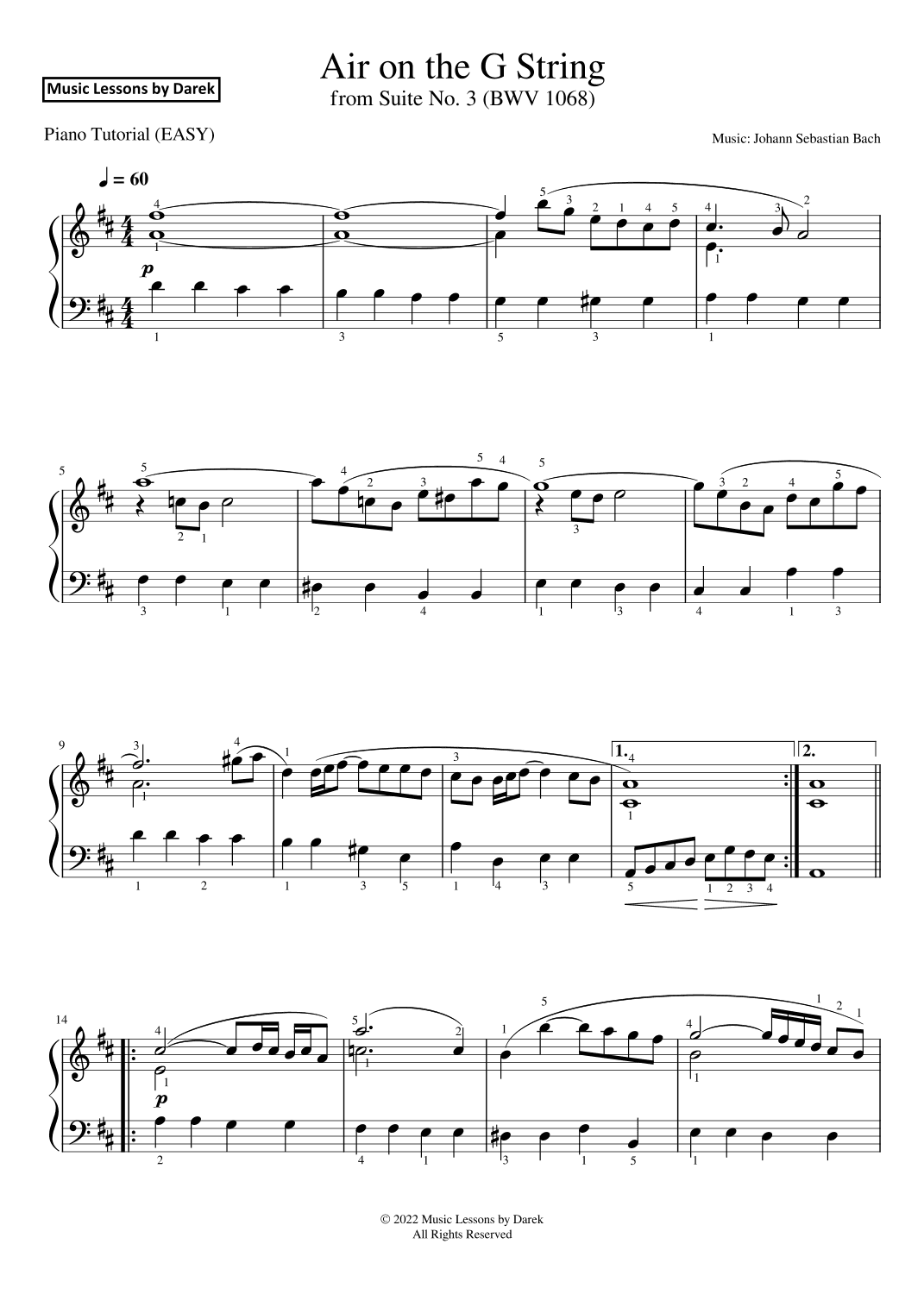 Air on the G String (EASY PIANO) from Suite No. 3 (BWV 1068) [Johann Sebastian Bach] (arr. Darek)