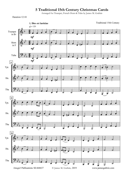 5 Traditional 15th Century Christmas Carols for Trumpet, Horn & Tuba (arr. James M. Guthrie, ASCAP)