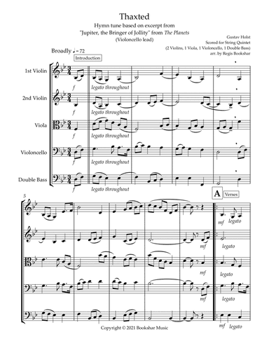 Thaxted (hymn tune based on excerpt from "Jupiter" from The Planets) (Bb) (String Quintet - 2 Violin (arr. Regis Bookshar)