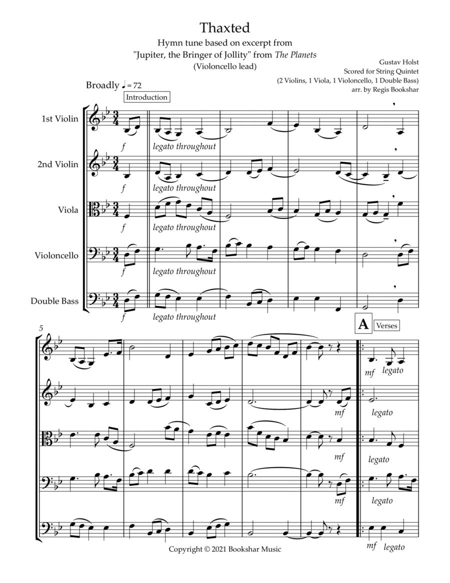 Thaxted (hymn tune based on excerpt from "Jupiter" from The Planets) (Bb) (String Quintet - 2 Violin (arr. Regis Bookshar)