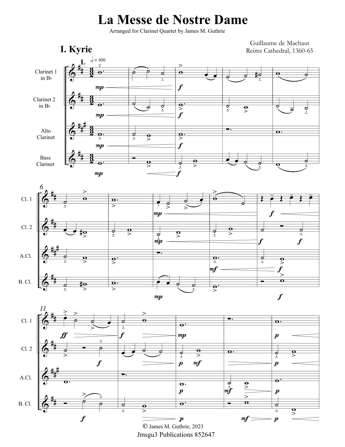 Machaut: La Messe de Nostre Dame for Clarinet Quartet - Score Only (arr. James M. Guthrie)