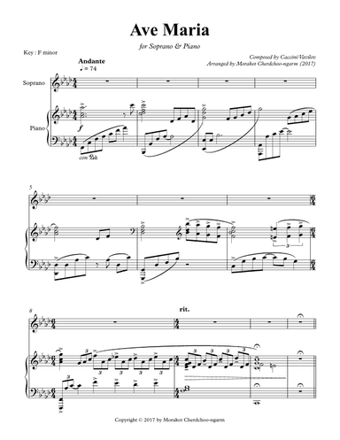 Ave Maria Caccini for Voice & Piano (F minor) (arr. Morakot Cherdchoongarm)