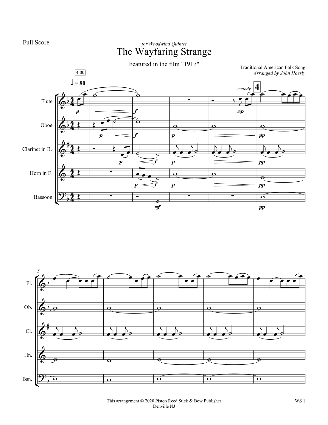 (I Am A Poor) Wayfaring Stranger- woodwind quintet (arr. John Hoesly)
