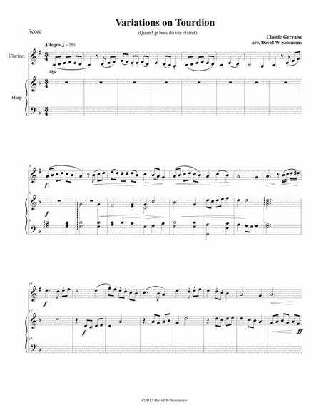 Tourdion (Quand je bois du vin clairet) for clarinet and harp (arr. David Warin Solomons)