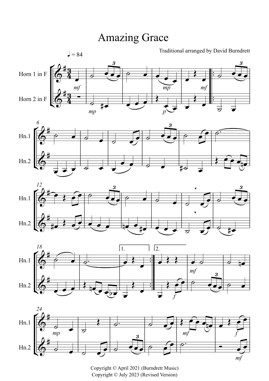 Amazing Grace for French Horn Duet (arr. David Burndrett)