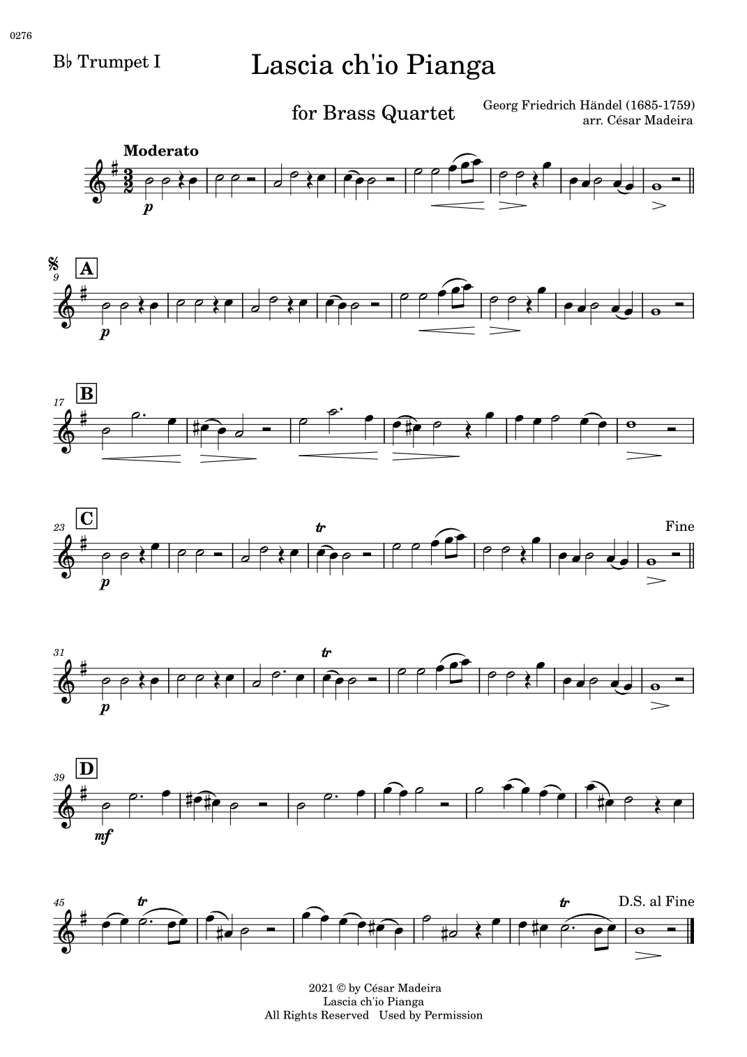 Lascia Ch'io Pianga - Brass Quartet (Individual Parts) (arr. César Madeira)