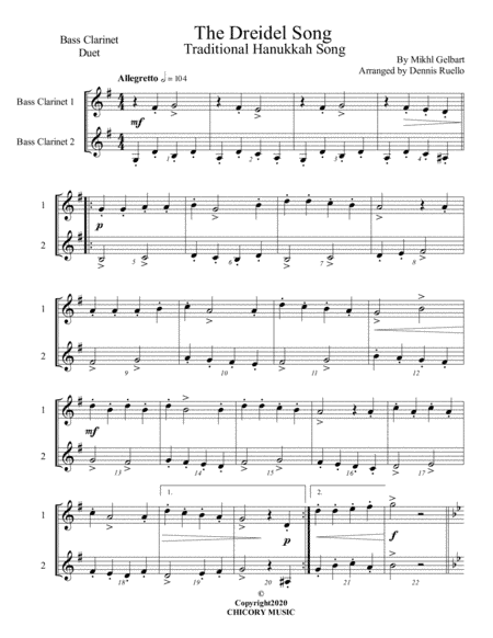 The Dreidel Song - Bass Clarinet Duet - Intermediate (arr. Dennis Ruello)