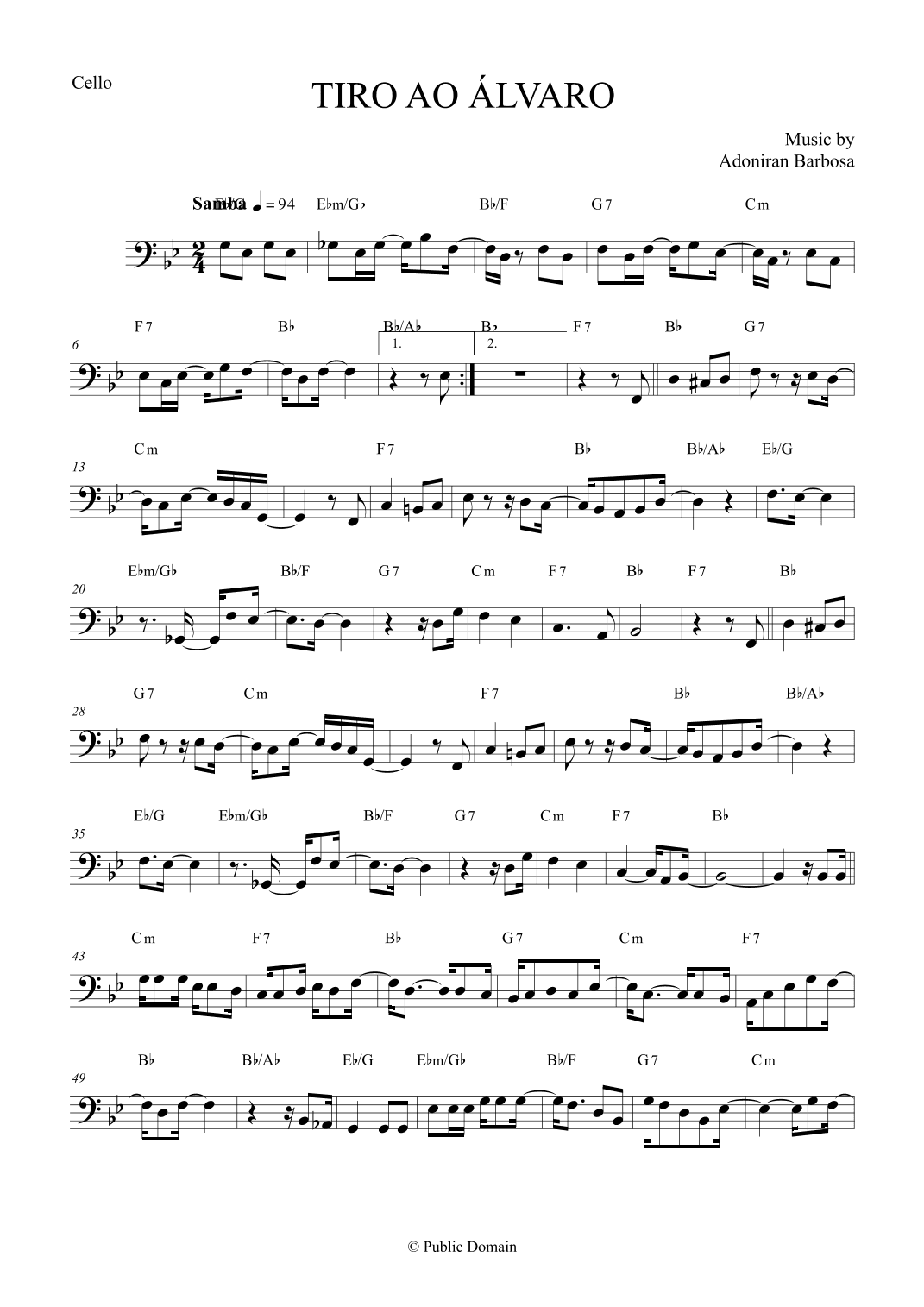 Tiro ao Álvaro by Adoniran Barbosa - Cello (arr. The Sheet Music Library)