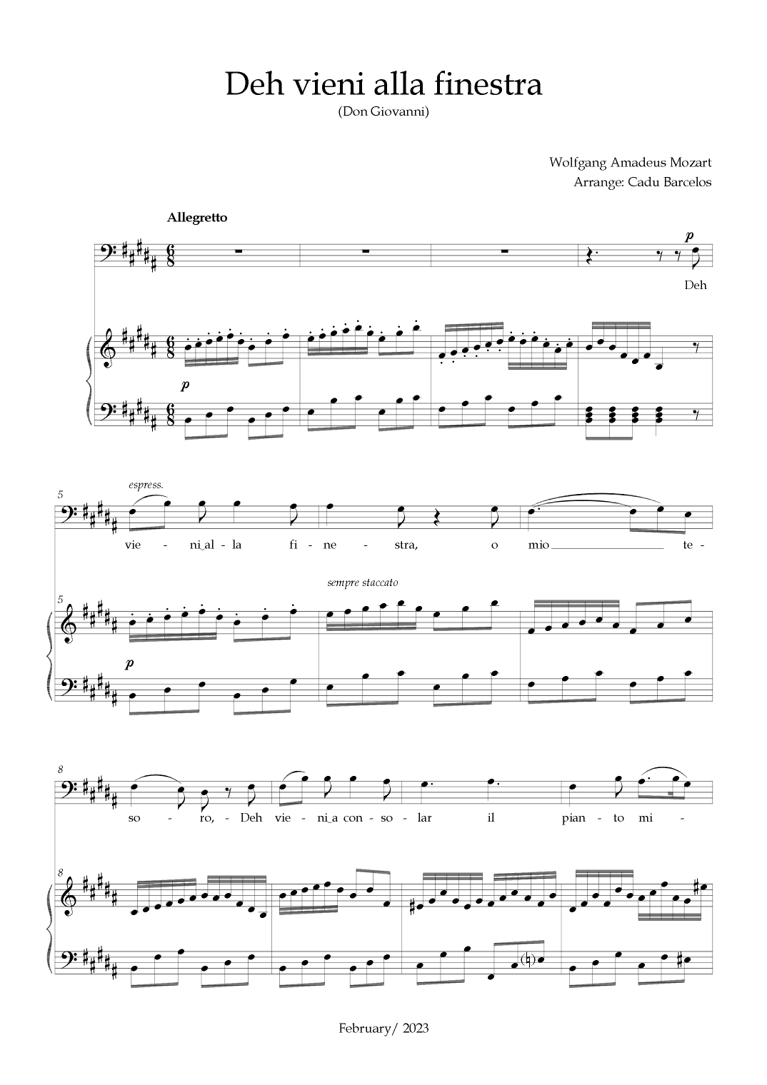 Deh vieni alla finestra (Don Giovanni) Mozart - B Major (BARITONE) (arr. Cadu Barcelos)
