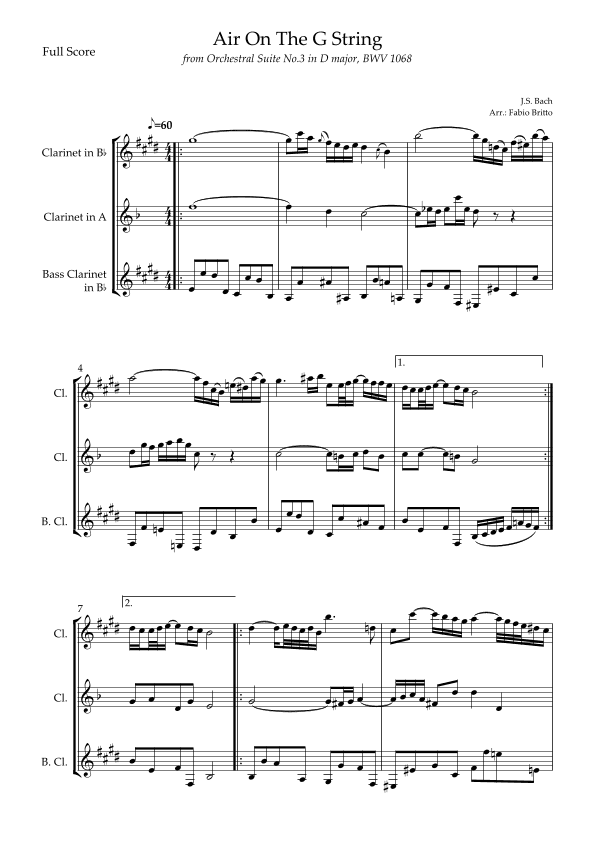Air On The G String (J.S. Bach) for Clarinet Trio (arr. Fabio Britto)