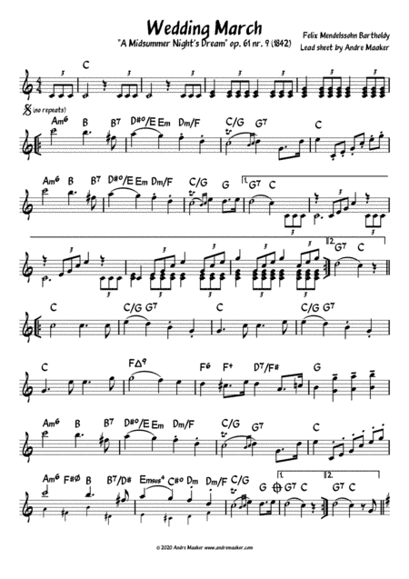 Felix Mendelssohn "Wedding March" - lead sheet / melody+chords notation (arr. Andre Maaker)