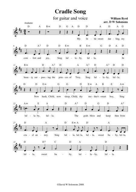 Byrd's cradle song (simple version for alto voice with guitar chord names) (arr. David Warin Solomons)