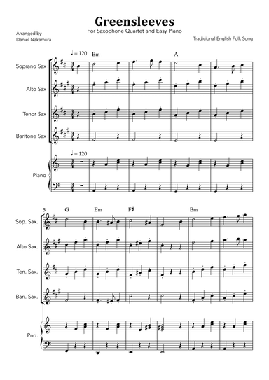 Greensleeves (for Saxophone Quartet with Easy Piano) (arr. Daniel Nakamura)