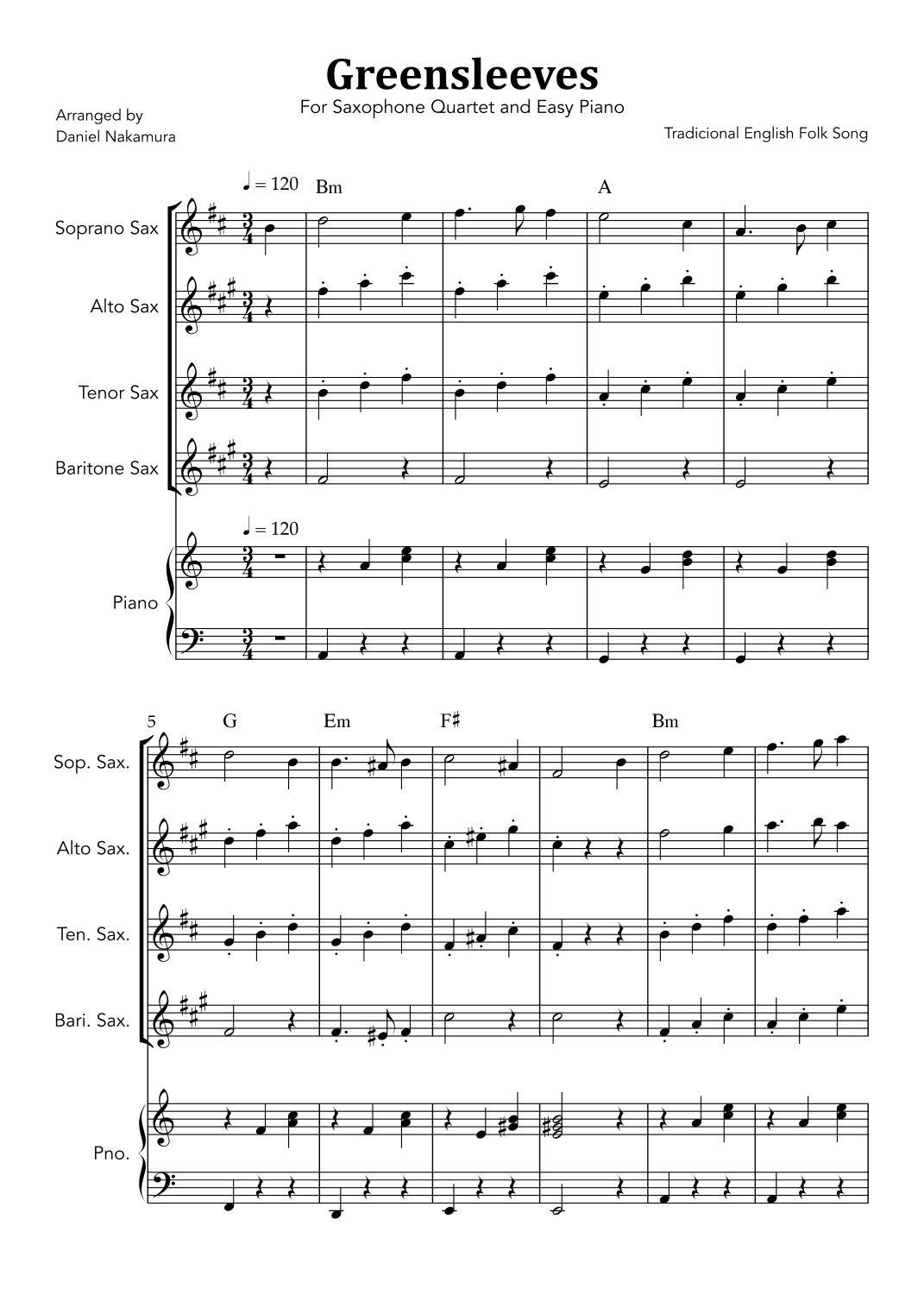 Greensleeves (for Saxophone Quartet with Easy Piano) (arr. Daniel Nakamura)